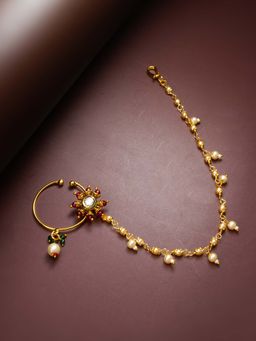 Aadita - Multi-Colour Gold Toned Plated Kundan and Pearl Nosepin Nathani Bridal for Women