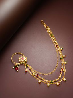 Aadita - Multi-Colour Gold Toned Plated Kundan and Pearl Nosepin Nathani Bridal for Women