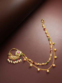 Aadita - Multi-Colour Gold Toned Plated Kundan and Pearl Nosepin Nathani Bridal for Women
