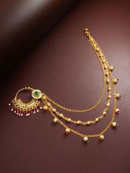 Aadita - Multi-Colour Gold Toned Plated Kundan and Pearl Nosepin Nathani Bridal for Women