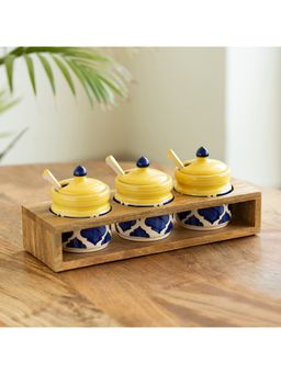 ExclusiveLane - Moroccan Hand-Painted Ceramic Jars With Spoons & Wooden Holder (Pack of 3)