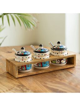 ExclusiveLane - The Hut Hand-Painted Ceramic Jars With Spoons & Wooden Holder (Pack of 3)