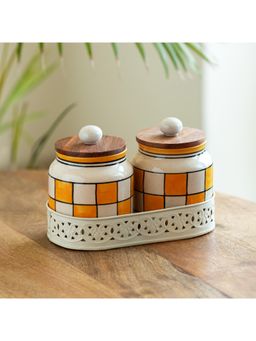 ExclusiveLane - Shatranj Checkered Multi-Purpose Storage Jars With Iron Tray (Pack of 2)