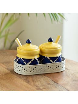 ExclusiveLane - Moroccan Multi-Purpose Ceramic Jars With Spoons & Iron Tray (Pack of 2)