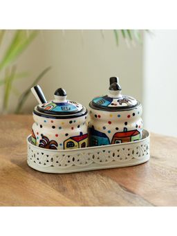 ExclusiveLane - The Hut Multi-Purpose Ceramic Jars Set With Spoons & Iron Tray (Pack of 2)