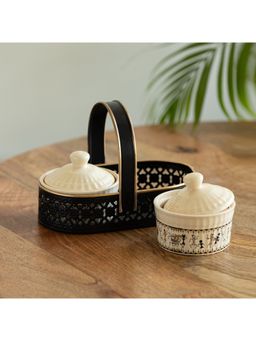 ExclusiveLane - Whispers of Warli Ceramic Jars Set With Spoons & Iron Holder (Pack of 2)