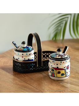 ExclusiveLane - The Hut Multi-Purpose Ceramic Jars With Spoons & Iron Holder (Pack of 2)
