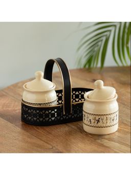 ExclusiveLane - Art of Warli Multi-Purpose Ceramic Jars Set With Iron Holder (Pack of 2)