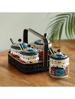 ExclusiveLane - The Hut Multi-Purpose Ceramic Jars With Spoons & Iron Holder (Pack of 4)