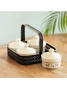 ExclusiveLane - Whispers of Warli Multi-Purpose Ceramic Jars With Iron Holder (Pack of 4)