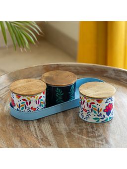 ExclusiveLane - Boho Floral Hand-Enamelled Multi Utility Jars In Iron With Tray (Pack of 3)