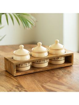 ExclusiveLane - Art Of Warli Multi-Purpose Ceramic Jars Set With Wooden Holder (Pack of 3)