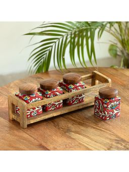 ExclusiveLane - Mughal Cuboidal Storage Jars With Wooden Holder (Pack of 4)