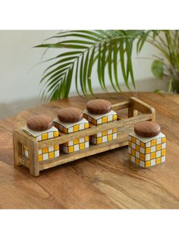 ExclusiveLane - Shatranj Checkered Storage Jars With Wooden Holder (Pack of 4)
