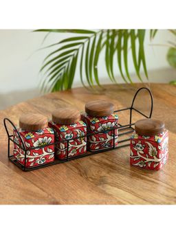 ExclusiveLane - Mughal Cuboidal Multi-Purpose Storage Jars With Iron Holder (Pack of 4)