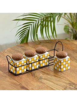 ExclusiveLane - Shatranj Checkered Storage Jars With Iron Holder (Pack of 4)