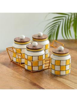 ExclusiveLane - Shatranj Checkered Storage Jars With Iron Holder (Pack of 4)