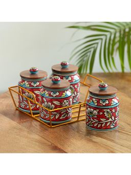 ExclusiveLane - Mughal Cylindrical Storage Jars With Iron Holder (Pack of 4)