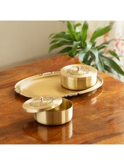 ExclusiveLane - Golden Hour Multi-Utility Storage Brass Jars With Tray (Pack of 2)
