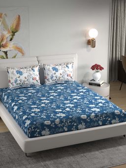 Florida - Polycotton Blue & White Floral Printed King Bedsheet with Pillow Covers
