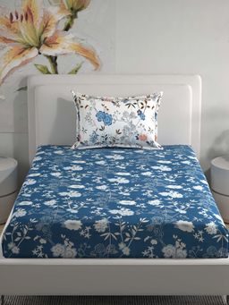 Florida - Polycotton Blue & White Floral Single Bedsheet Set (160x228 cm)