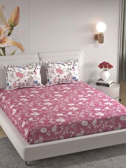 Florida - Polycotton Pink & White Floral Printed King Bedsheet with Pillow Covers