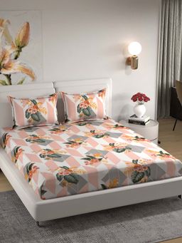 Florida - Polycotton Peach & Grey Floral Printed King Bedsheet with Pillow Covers