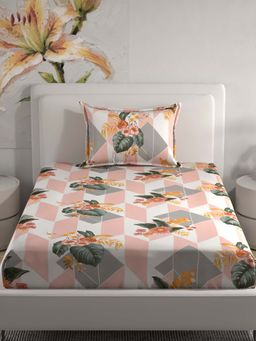 Florida - Polycotton Peach & Grey Floral Printed Single Bedsheet Set (160x228 cm)