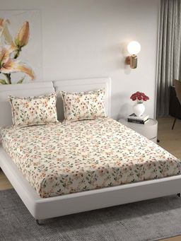 Florida - Polycotton Off White & Brown Floral Printed King Bedsheet with Pillow Covers