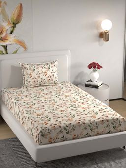 Florida - Polycotton Off White & Brown Floral Printed Single Bedsheet Set (160x228 cm)