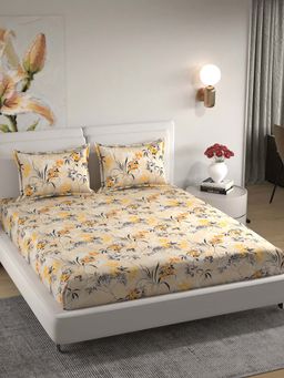 Florida - Polycotton Beige & Mustard Floral Printed King Bedsheet with Pillow Covers