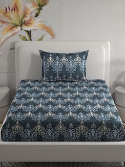 Florida - Polycotton Navy & White Damask Printed Single Bedsheet Set (160x228 cm)