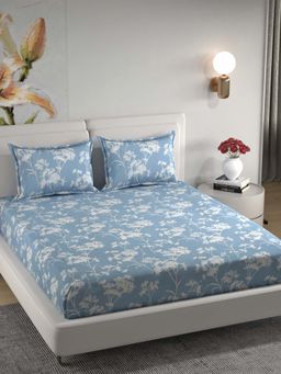Florida - Microfiber Blue & White Floral King Bedsheet with Pillow Covers