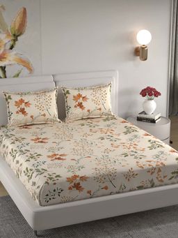 Florida - Microfiber Cream & Orange Leaf Design King Bedsheet with Pillow Covers
