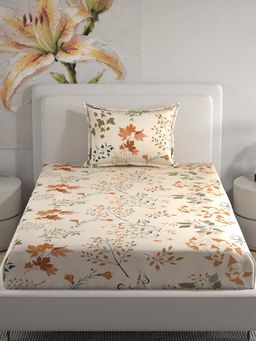 Florida - Microfiber Cream & Orange Leaf Design Single Bedsheet Set (160x228 cm)
