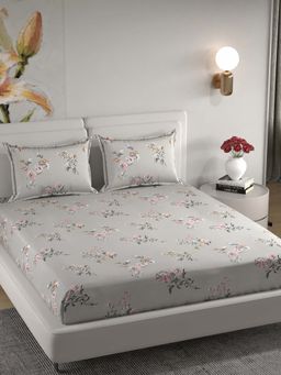 Florida - Microfiber Grey & Pink Floral King Bedsheet with Pillow Covers