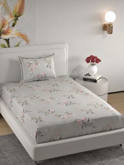 Florida - Microfiber Grey & Pink Floral Single Bedsheet Set (160x228 cm)