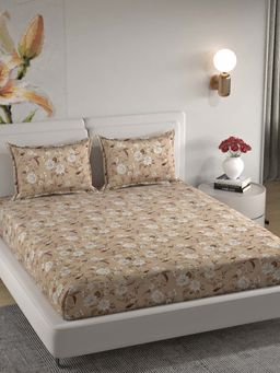 Florida - Microfiber Coffee Brown & White Floral King Bedsheet with Pillow Covers