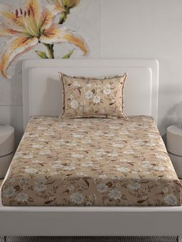 Florida - Microfiber Coffee Brown & White Floral Single Bedsheet Set (160x228 cm)