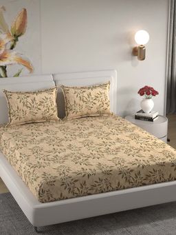 Florida - Microfiber Camel Beige Leaf Design King Bedsheet with Pillow Covers