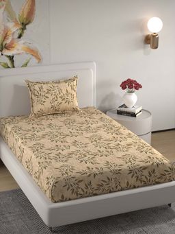 Florida - Microfiber Brown & Camel Brown Leaf Design Single Bedsheet Set (160x228 cm)