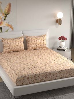 Florida - Microfiber Beige & Brown Leaf Design King Bedsheet with Pillow Covers