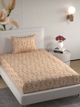 Florida - Microfiber Beige & Brown Leaf Design Single Bedsheet Set (160x228 cm)