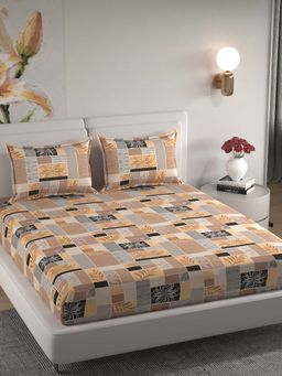 Florida - Microfiber Camel Brown & Grey Abstract King Bedsheet with Pillow Covers