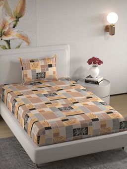 Florida - Microfiber Camel Brown & Grey Abstract Single Bedsheet Set (160x228 cm)