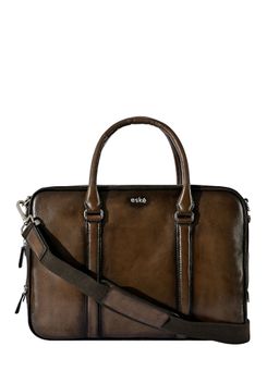 Eske - Unisex Bert 16 Brown Textured Leather Messenger Laptop Bag with Adjustable Strap