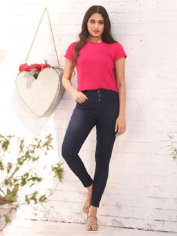 Globus - Women Red Solid Round Neck Casual Regular Fit Crop Top