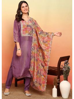 Gahan - Floral Yoke Design Sequinned Art Silk Straight Kurta with Pant & Dupatta