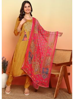 Gahan - Floral Yoke Design Sequinned Art Silk Straight Kurta with Pant & Dupatta