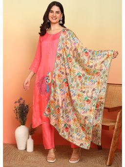 Gahan - Floral Yoke Design Sequinned Art Silk Straight Kurta with Pant & Dupatta